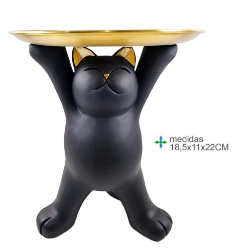 Gato em Resina com Prato 16,5x11x22cm