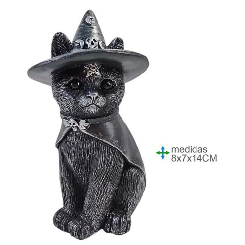 Gato Wicca Preto em Resina 8x7x14cm