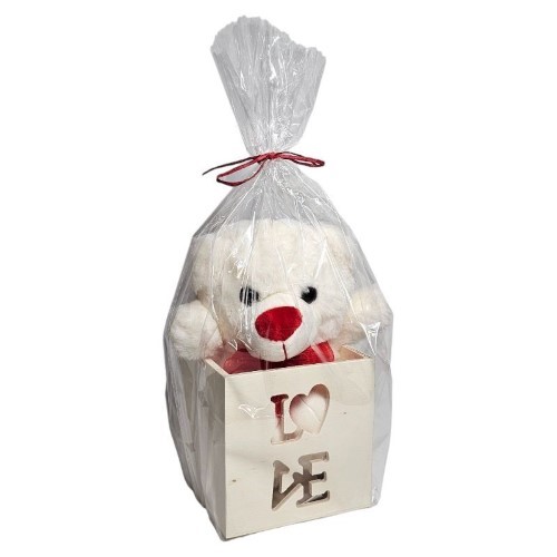 Caixa Quadrada em Madeira com Urso de Peluche 20cm - Branco