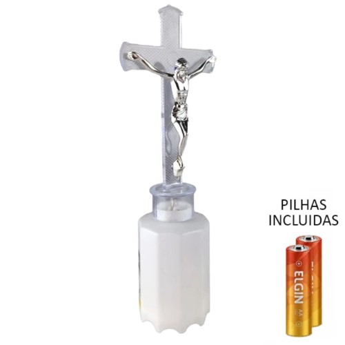 Círio Elétrico LED com Pilhas - Cruz, Branco