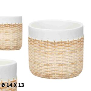Vaso com Textura Rattan em Cerâmica 14x13cm - Branco