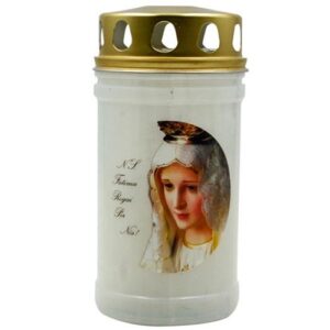 Vela branca para cemitério com imagem colorida de Nossa Senhora de Fátima e tampa dourada resistente
