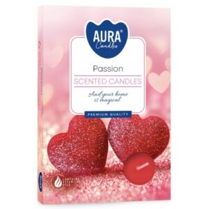 Pack de 6 velas tealight aromáticas em tons vermelhos com brilho, armazenadas em pequenos recipientes metálicos