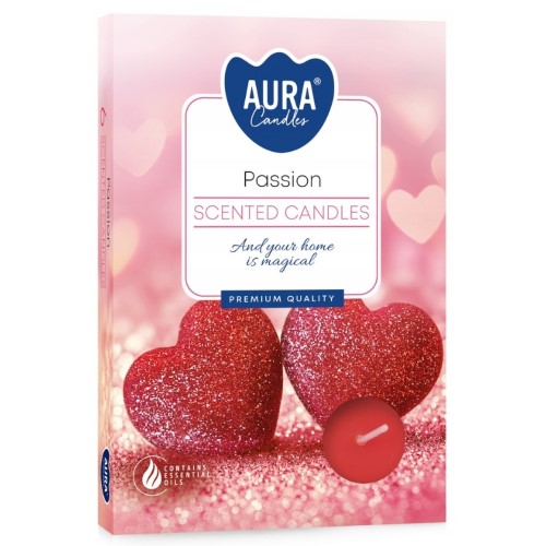 Pack de 6 velas tealight aromáticas em tons vermelhos com brilho, armazenadas em pequenos recipientes metálicos