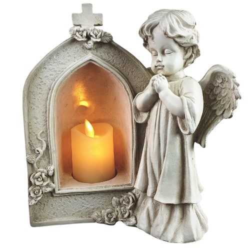 Anjo em Marfinite com Porta Vela LED com Pilhas 22cm