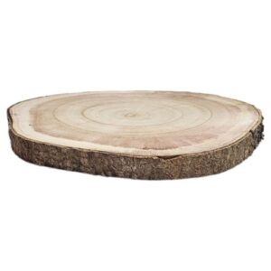 Base redonda em madeira natural de tom claro, com textura suave, ideal para suporte de arranjos florais