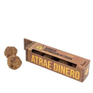 Pack com quatro bombitas de incenso herbal, embalagem simples com foco em defumação e atração de dinheiro