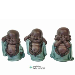 Três esculturas de Budas em resina nas cores castanho e verde representando o Cego, Surdo e Mudo