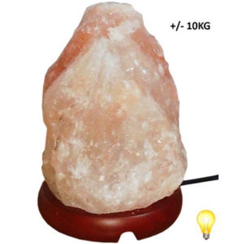 Candeeiro de Sal dos Himalaias natural de cor laranja, com base em madeira sobre uma superfície clara