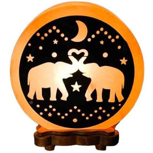 Candeeiro de Sal dos Himalaias esculpido em forma de elefante, com tom laranja suave emitting luz acolhedora