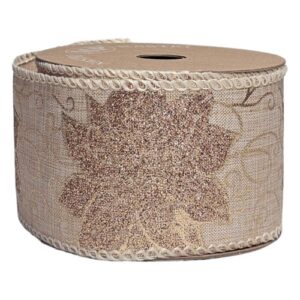 Rolo de Fita Decorada com Arame 63mm x 10m - Flor de Natal, Dourado