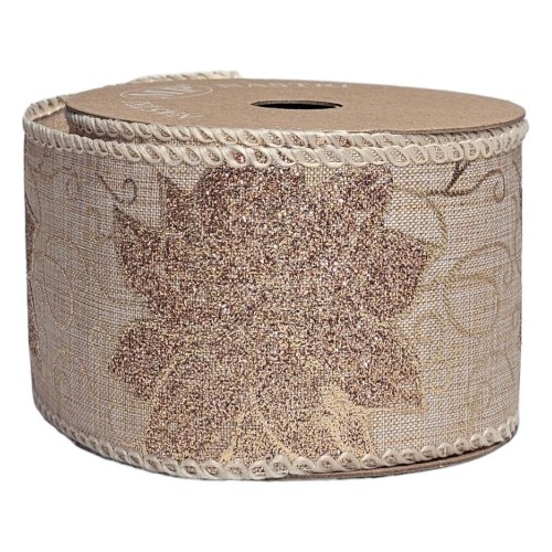 Rolo de Fita Decorada com Arame 63mm x 10m - Flor de Natal, Dourado