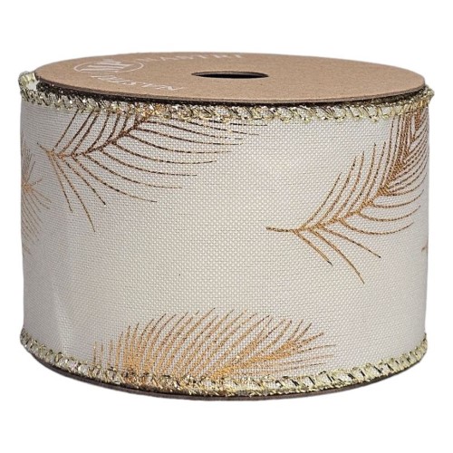 Rolo de Fita Decorada com Arame 63mm x 10m - Folhas, Dourado