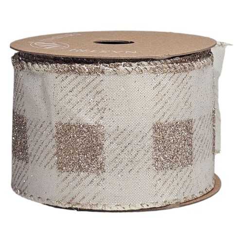 Rolo de Fita Decorada com Arame 63mm x 10m - Xadrez, Dourado