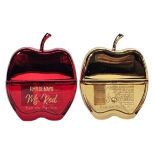 Conjunto de perfumes femininos em frascos de 20ml com design de maçã nas cores vermelho e dourado sobre fundo claro