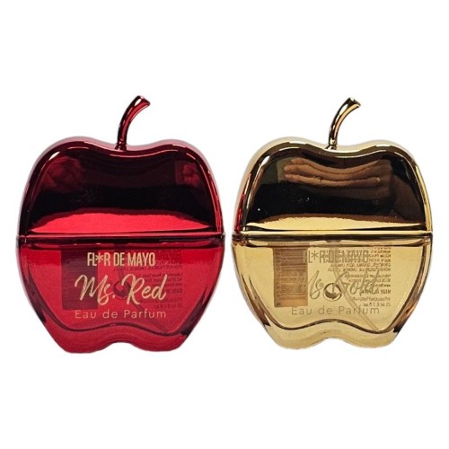 Conjunto de perfumes femininos em frascos de 20ml com design de maçã nas cores vermelho e dourado sobre fundo claro