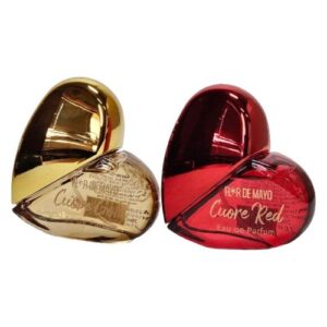 Expositor com três perfumes femininos em frascos de vidro em forma de coração, nas cores vermelho, dourado e rosa, 20ml cada.