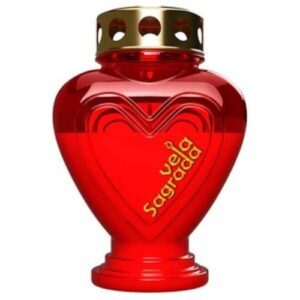 Círio vela sagrada em formato de coração vermelho com tampa metálica sobre superfície branca