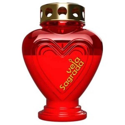 Círio vela sagrada em formato de coração vermelho com tampa metálica sobre superfície branca