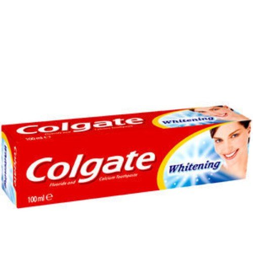 Embalagem de pasta de dentes Colgate Whitening 100ml com design branco e azul
