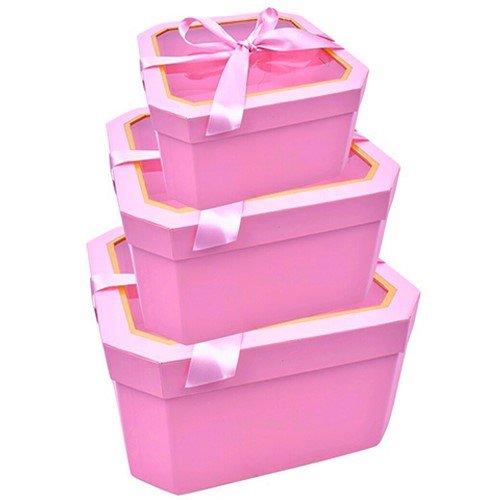 Conjunto de três caixas quadradas cor-de-rosa com tampas transparentes e laços decorativos