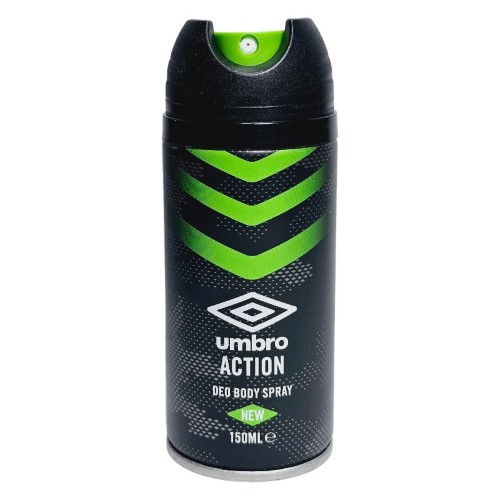 Desodorizante spray Umbro Action 150ml com design moderno na embalagem azul e preta