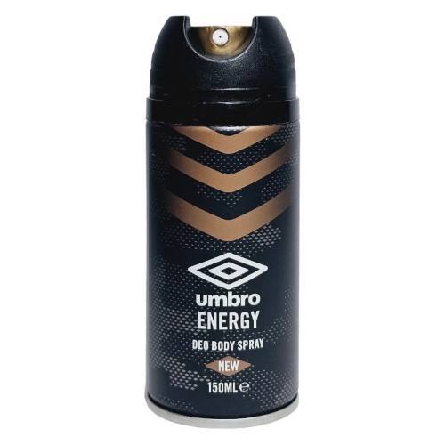Frasco de desodorizante corporal em spray Umbro Energy, 150ml, com design moderno e cores vibrantes.