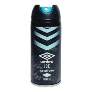 Frasco de desodorizante spray Umbro Ice com capacidade de 150ml, com embalagem predominantemente azul clara e design moderno.