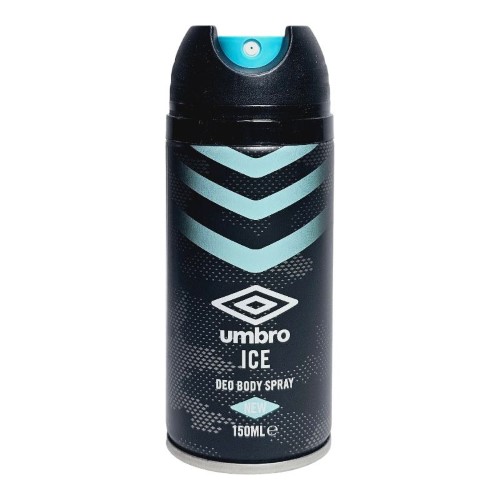 Frasco de desodorizante spray Umbro Ice com capacidade de 150ml, com embalagem predominantemente azul clara e design moderno.