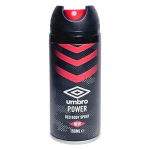 Frasco de desodorizante spray Umbro Power com 150ml, em tonalidades azul e cinza, com design moderno e fresco.