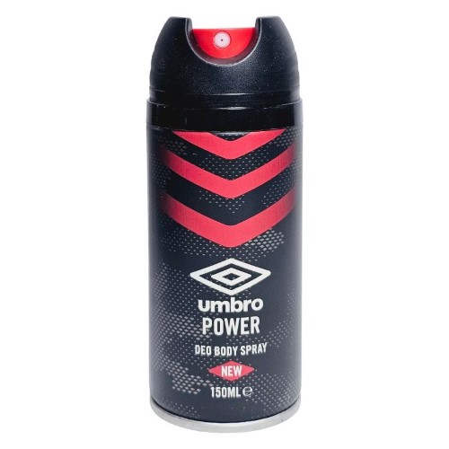 Frasco de desodorizante spray Umbro Power com 150ml, em tonalidades azul e cinza, com design moderno e fresco.