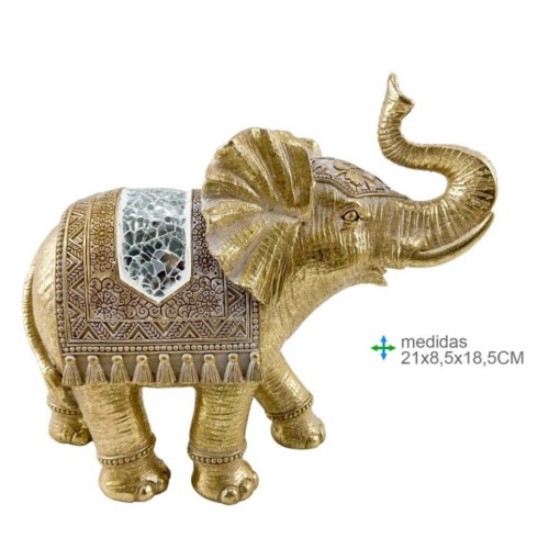 Elefante decorativo em resina com acabamento dourado e recortes espelhados
