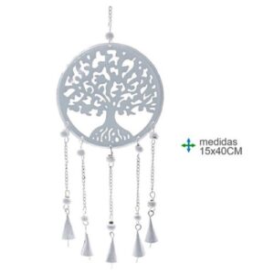 Espanta Espíritos em metal com formato da Árvore da Vida, medindo 15x40 cm, com pendentes que criam movimento e som suave.