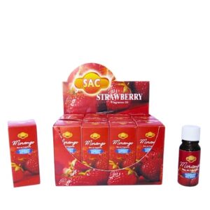 Frasco pequeno de essência líquida com aroma a morango, com rótulo simples e cor predominante vermelha.