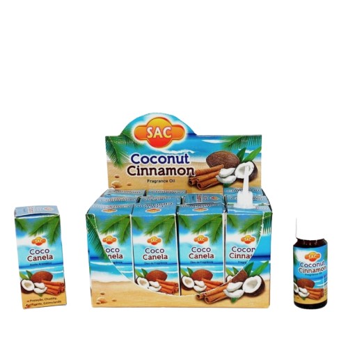 Frasco de essência líquida SAC 10ml com aroma de coco e canela, ideal para uso em ambientes místicos