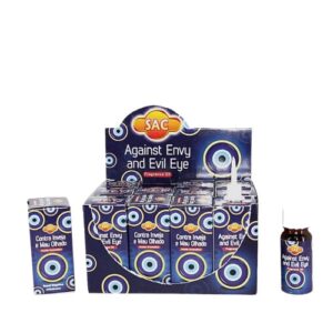 Frasco pequeno de essência líquida SAC 10ml com rótulo simples e elegante, ideal para proteção contra inveja e mau olhado