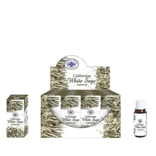 Frasco pequeno de essência líquida Green Tree com rótulo branco e verde, 10ml, de Sálvia Branca