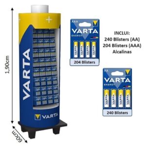 Expositor de pilhas com 240 unidades AA e 204 unidades AAA alcalinas da Varta, ideal para armazenar e manter pilhas organizadas em casa.