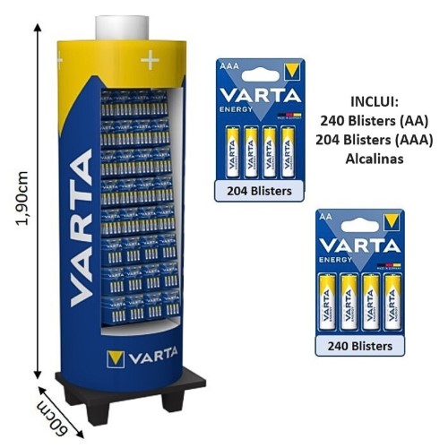 Expositor de pilhas com 240 unidades AA e 204 unidades AAA alcalinas da Varta, ideal para armazenar e manter pilhas organizadas em casa.