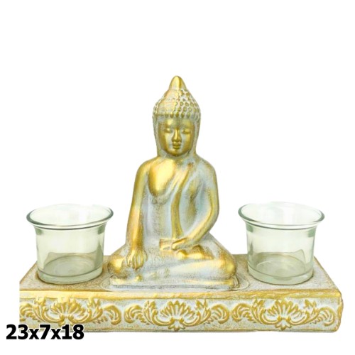Buda em Resina com Porta Velas 23x7x18cm - Dourado e Branco