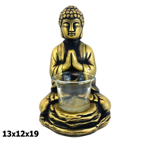 Buda em Resina com Porta Vela 13x12x19cm - Dourado e Preto