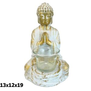 Buda em Resina com Porta Vela 13x12x19cm - Dourado e Branco