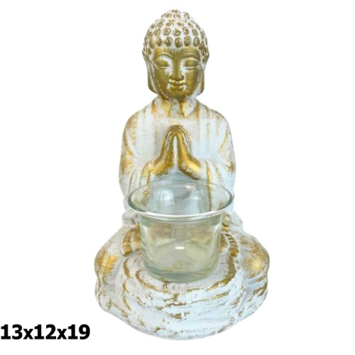 Buda em Resina com Porta Vela 13x12x19cm - Dourado e Branco