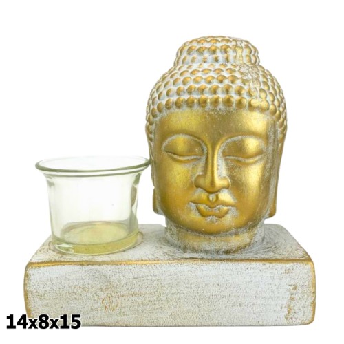 Buda em Resina com Porta Vela 14x8x15cm - Dourado e Branco
