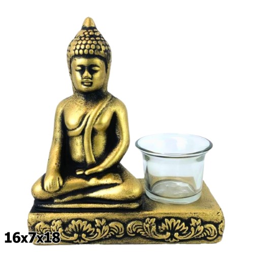 Buda em Resina com Porta Vela 16x7x18cm - Dourado e Preto