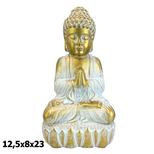 Buda Sentado em Resina 12,5x8x23cm - Dourado e Branco