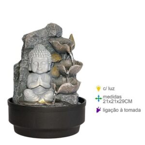 Fonte de água decorativa em resina com figura de Buda, iluminada, com tonalidades naturais e design zen