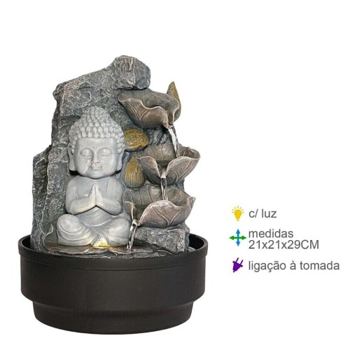 Fonte de água decorativa em resina com figura de Buda, iluminada, com tonalidades naturais e design zen