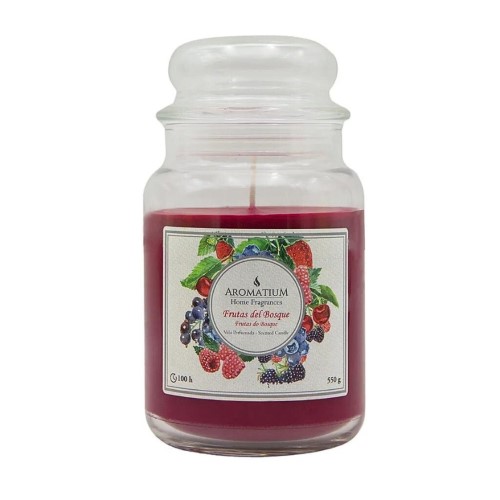 Vela aromática em frasco com fragrância de frutos do bosque, perfeita para ambiente acolhedor