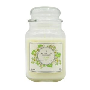 Vela perfumada em frasco clássico com aroma a jasmim, de cor branca cremosa.